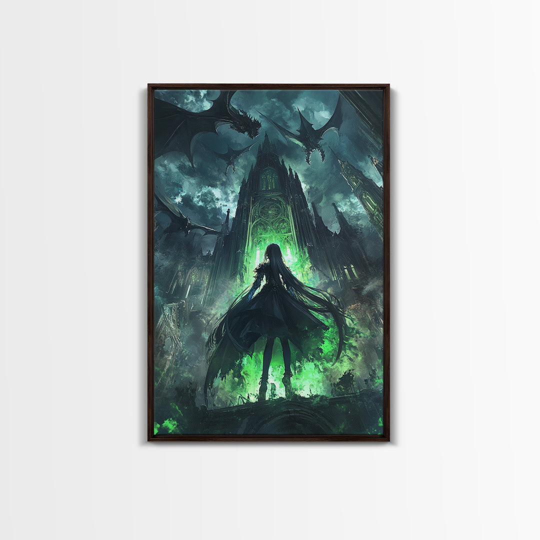 Dark Dragon Cathedral With Green Portal And Girl Silhouette Framed Canvas Print, Gothic Fantasy Wall Art, Moody Decor Gift