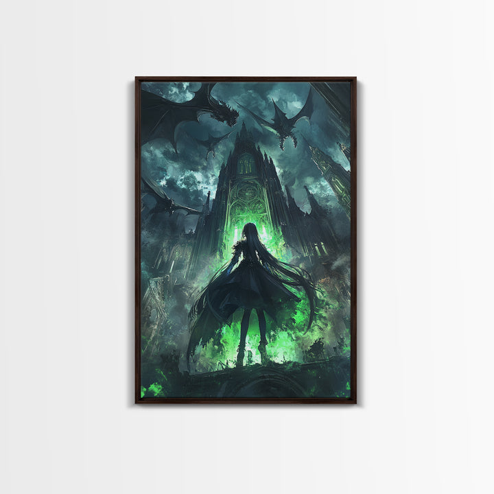 Dark Dragon Cathedral With Green Portal And Girl Silhouette Framed Canvas Print, Gothic Fantasy Wall Art, Moody Decor Gift