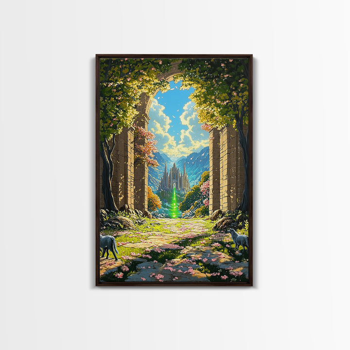 Enchanted Garden Archway To Distant Cathedral With Green Magic Wall Art, Fantasy Landscape Print, Whimsical Decor For Living Room