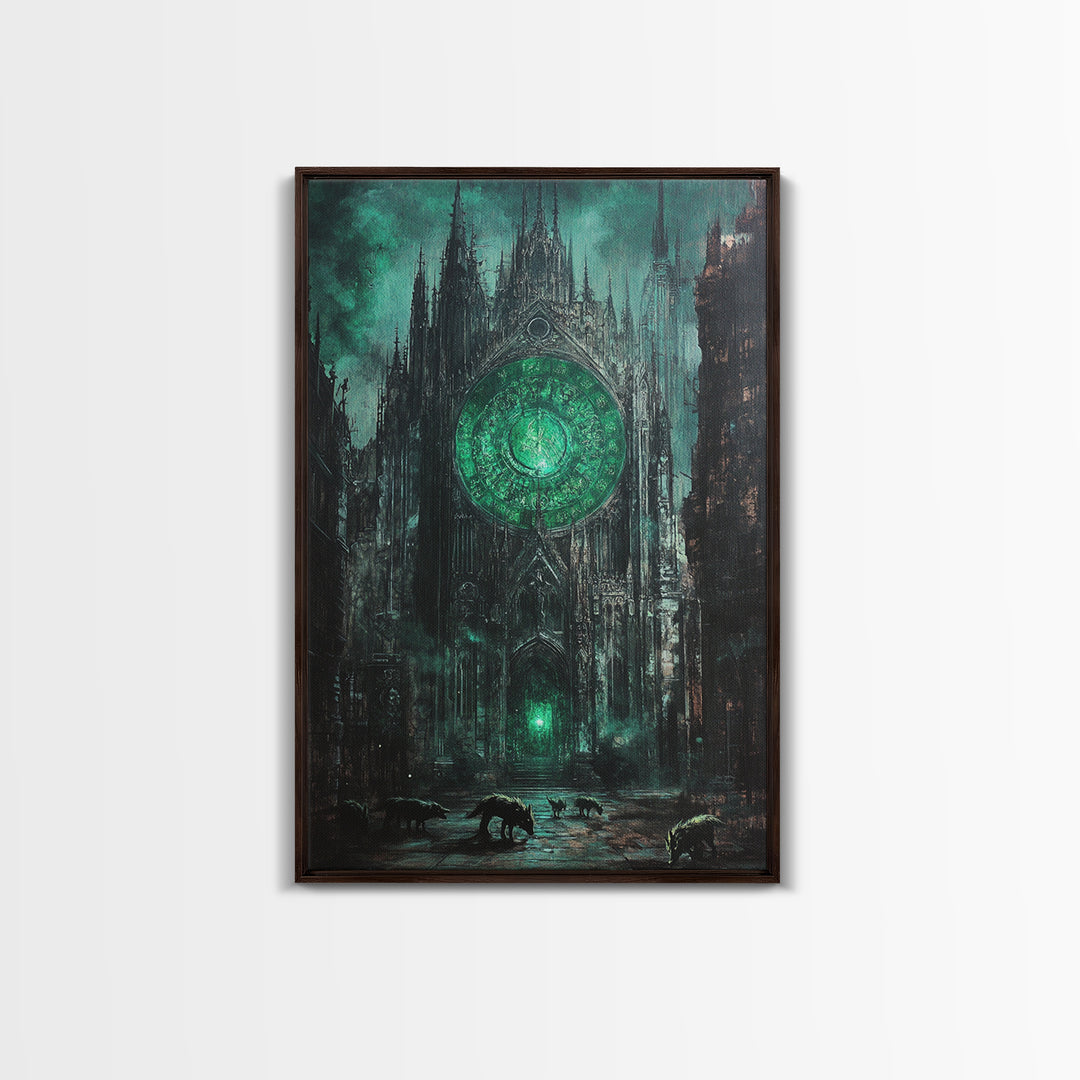 Emerald Rose Window On Dark Gothic Cathedral With Wolves Wall Art, Moody Fantasy Print, Dark Academia Office Decor For Living Room