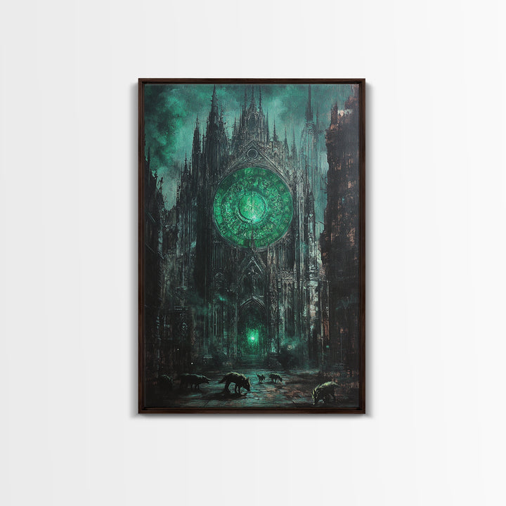 Emerald Rose Window On Dark Gothic Cathedral With Wolves Wall Art, Moody Fantasy Print, Dark Academia Office Decor For Living Room