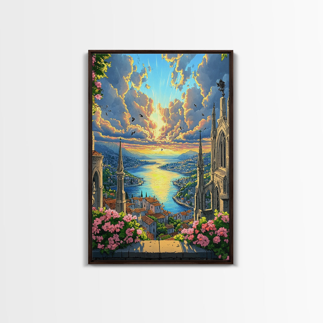Sunset Harbor City From Cathedral Balcony With Pink Flowers Framed Canvas Print, Coastal Fantasy Wall Art, Home Decor For Living Room