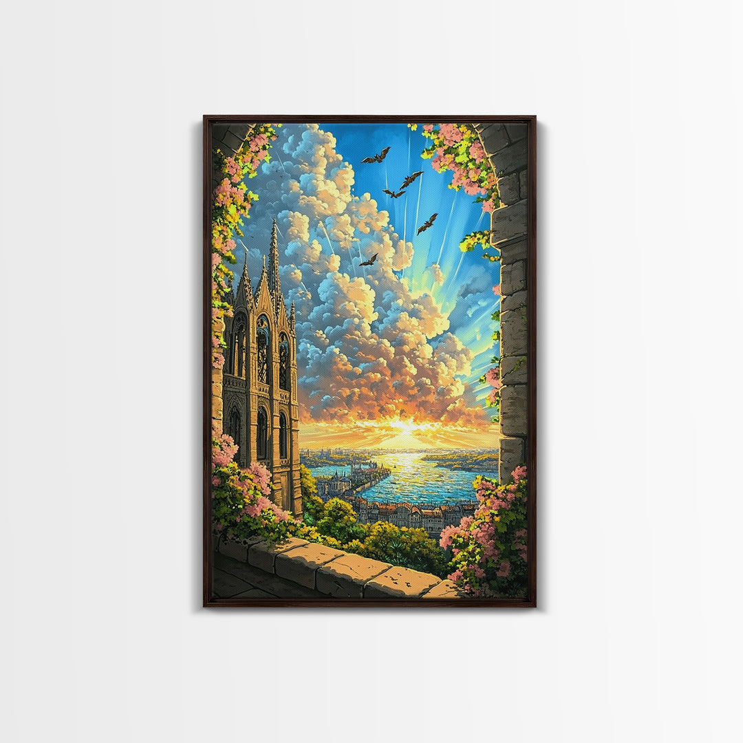Gothic Cathedral Window At Golden Sunset Framed Canvas Print, Fantasy Landscape Wall Art For Bedroom Home Decor Gift For Her