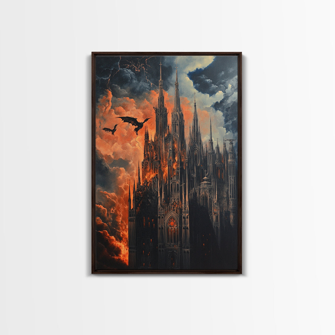 Burning Gothic Cathedral With Dragons Framed Canvas Print, Dark Fantasy Wall Art For Moody Gothic Office Decor Gift For Him