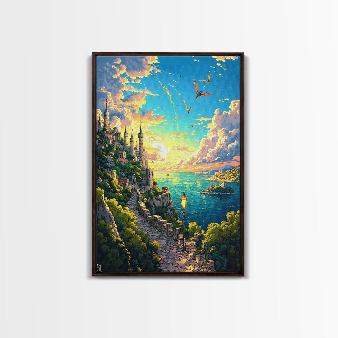 Sunset Seaside Castle Path With Dragons Canvas Print, Fantasy Coastal Wall Art For Living Room Home Decor Housewarming Gift