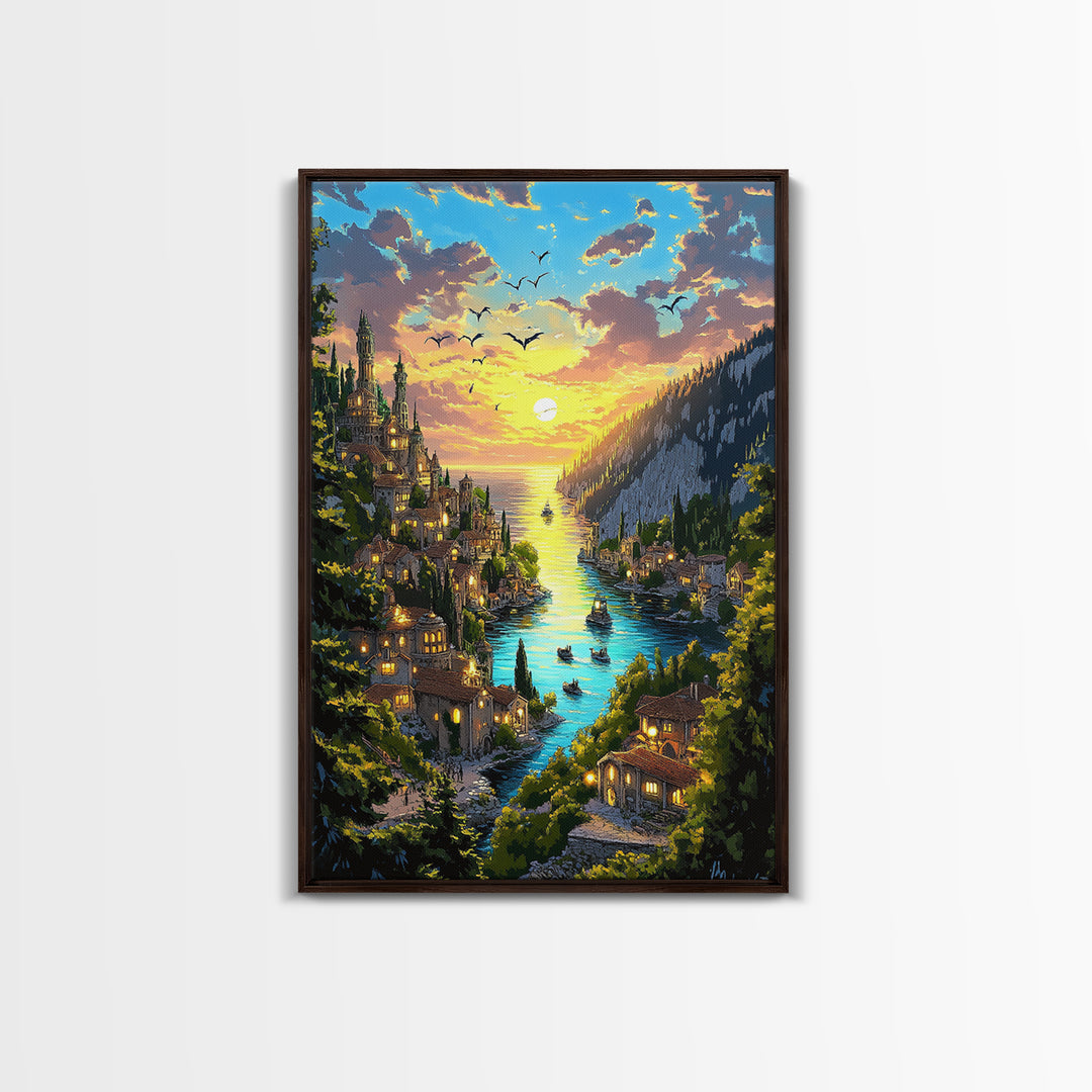 Glowing River Valley Castle Village Canvas Print, Fantasy Landscape Wall Art For Cozy Living Room Decor Housewarming Gift