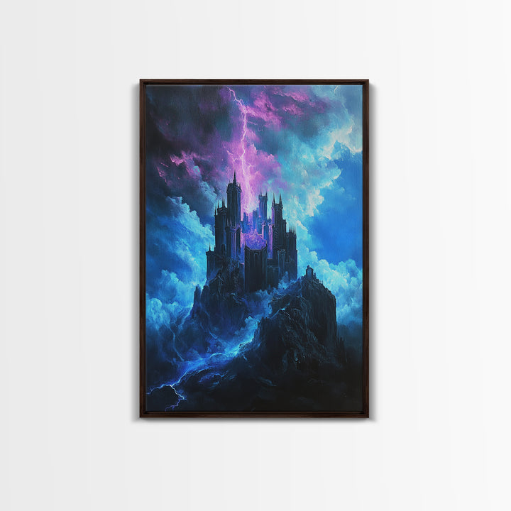 Stormy Gothic Castle With Purple Lightning Canvas Print, Dark Fantasy Wall Art For Moody Bedroom And Office Decor Gift For Him