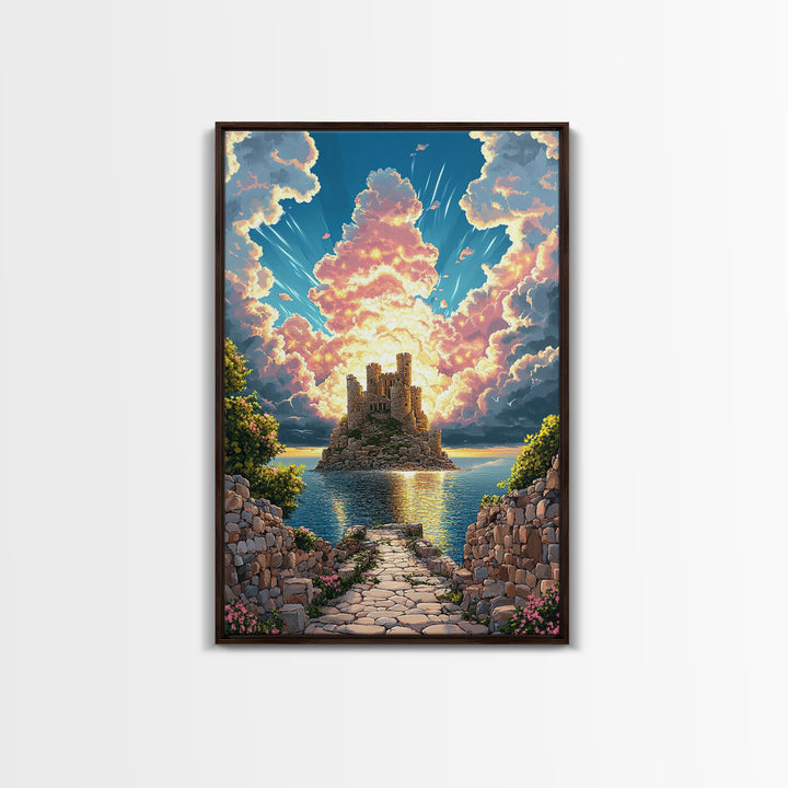 Island Castle Ruins Under Radiant Clouds Canvas Print, Coastal Fantasy Wall Art For Living Room Home Decor Housewarming Gift