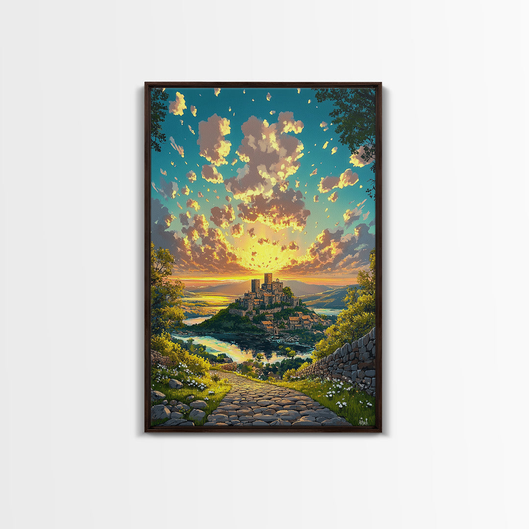 Sunrise Hilltop Castle Village Stone Path Canvas Print, Fantasy Landscape Wall Art For Living Room Decor Housewarming Gift
