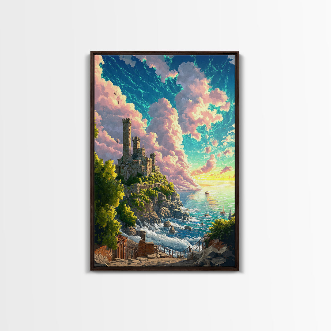 Sunlit Coastal Castle By Turquoise Sea Wall Art, Fantasy Landscape Print, Ocean Cliff Decor, Large Canvas Home Decor, Gift