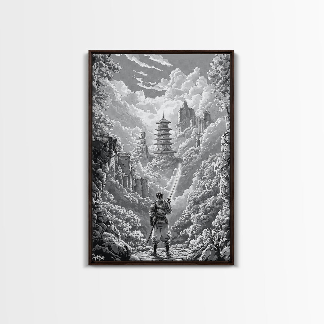 Black And White Samurai Temple Wall Art, Japanese Pagoda Fantasy Print, Monochrome Landscape, Framed Canvas Print, Home Decor
