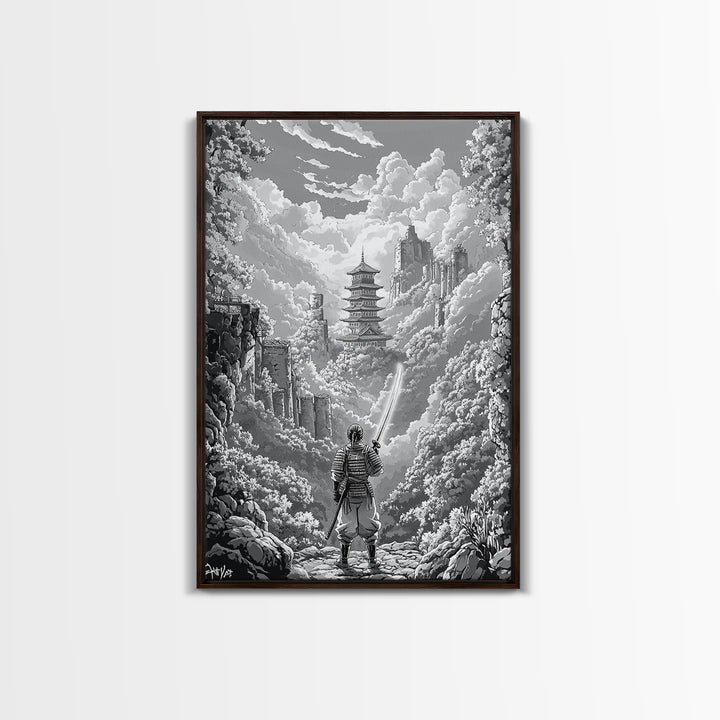 Black And White Samurai Temple Wall Art, Japanese Pagoda Fantasy Print, Monochrome Landscape, Framed Canvas Print, Home Decor