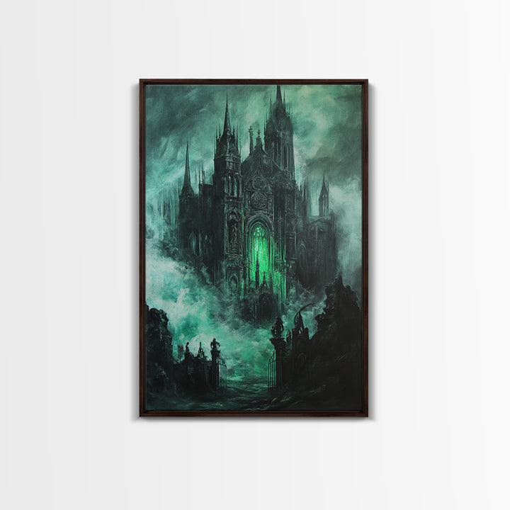 Haunted Gothic Cathedral In Emerald Mist Wall Art, Dark Academia Decor, Fantasy Architecture, Moody Framed Canvas Print, Gift