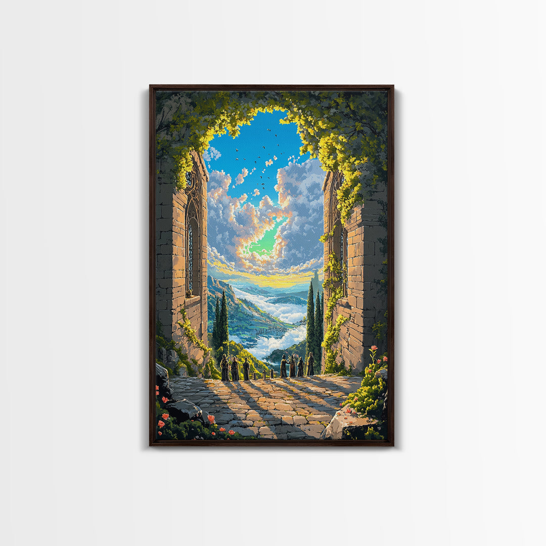 Sunlit Stone Archway Over Mountain Valley Wall Art, Italian Landscape Print, Garden Ruins Decor, Large Framed Canvas Print