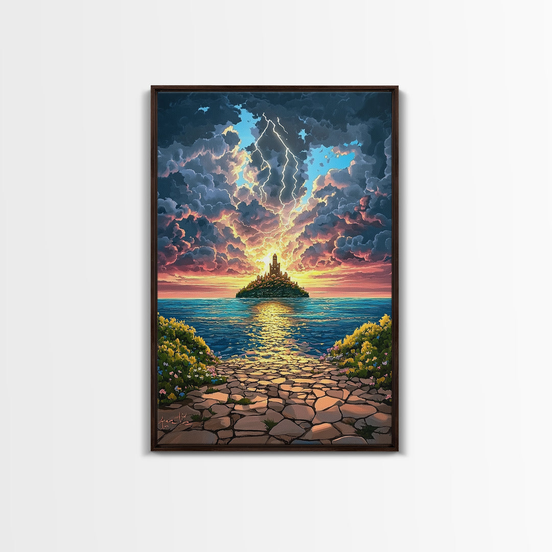 Lightning Over Island Tower At Sunset Wall Art, Dramatic Ocean Seascape Print, Fantasy Coastal Decor, Framed Canvas Print