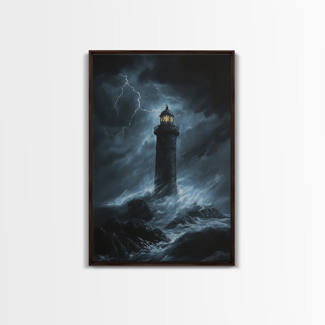 Stormy Lighthouse In Moonlit Waves Wall Art, Dark Coastal Seascape Print, Nautical Ocean Decor, Large Framed Canvas Print