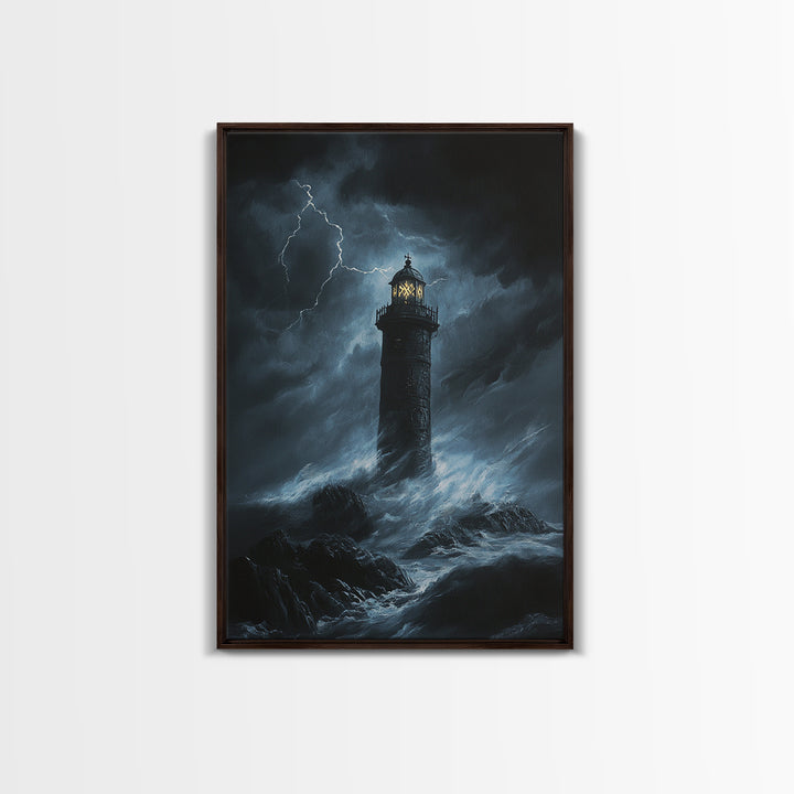 Stormy Lighthouse In Moonlit Waves Wall Art, Dark Coastal Seascape Print, Nautical Ocean Decor, Large Framed Canvas Print