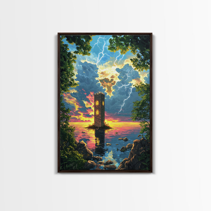 Lightning Struck Sea Tower At Sunset Canvas Print, Fantasy Coastal Wall Art, Stormy Ocean Decor, Large Framed Canvas Print