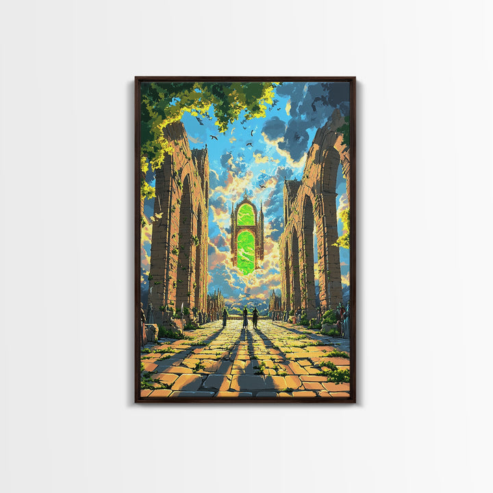 Sunlit Ruined Cathedral Portal Canvas Print, Fantasy Wall Art, Gothic Architecture, Mystical Landscape, Living Room Decor