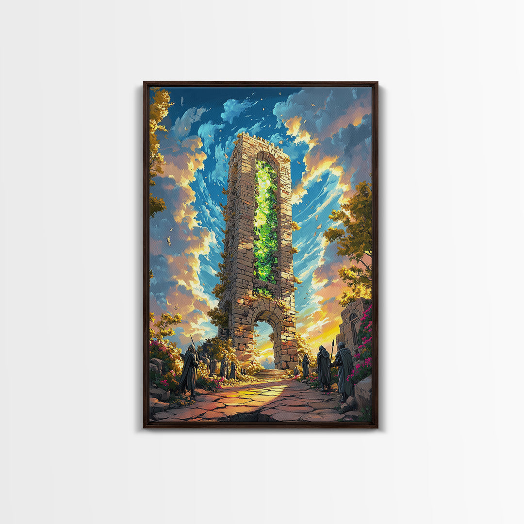Glowing Stone Tower Gate Framed Canvas Print, Fantasy Wall Art, Gothic Ruins, Magical Landscape, Statement Home Decor, Living Room Art