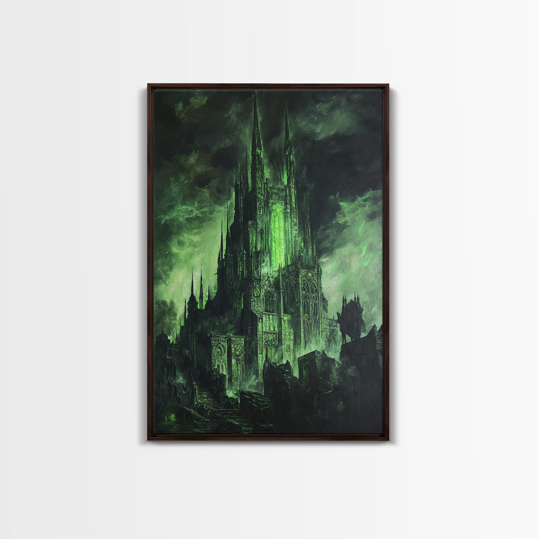 Dark Green Gothic Cathedral Wall Art, Fantasy Castle Print, Dark Academia Decor, Moody Wall Decor, Gothic Canvas Print, Mystical Art