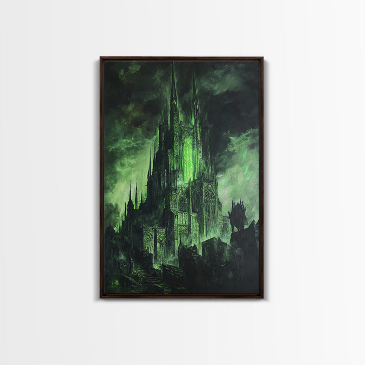 Dark Green Gothic Cathedral Wall Art, Fantasy Castle Print, Dark Academia Decor, Moody Wall Decor, Gothic Canvas Print, Mystical Art