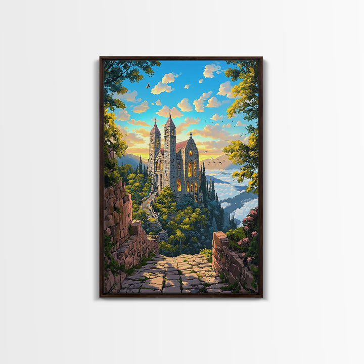 Stone Hilltop Abbey Framed Canvas Print, Fantasy Landscape Wall Art, Gothic Architecture, Nature Decor, Living Room Art, Home Decor