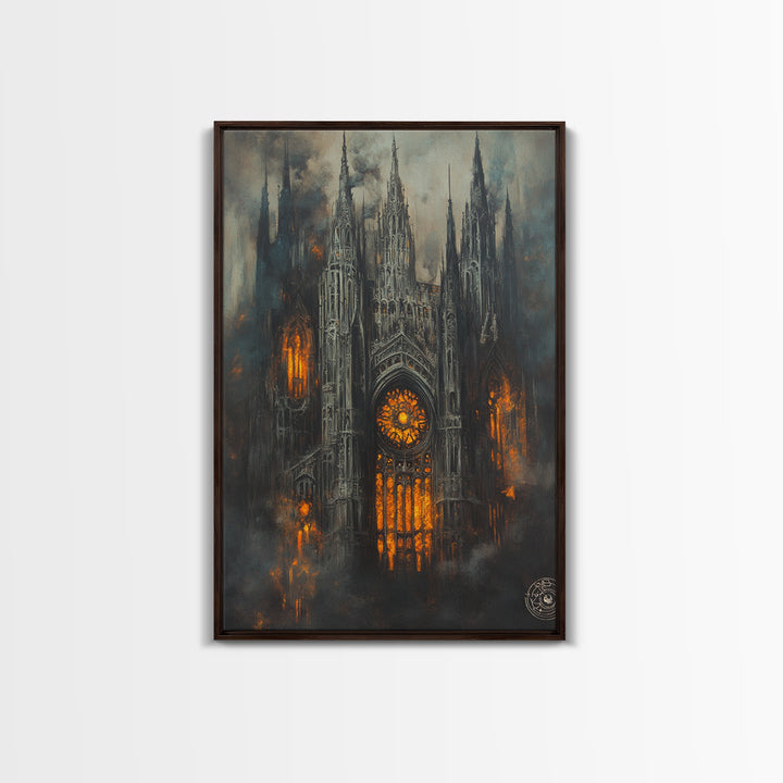 Burning Gothic Cathedral Canvas Print, Dark Fantasy Wall Art, Moody Architecture, Dark Academia Decor, Statement Artwork