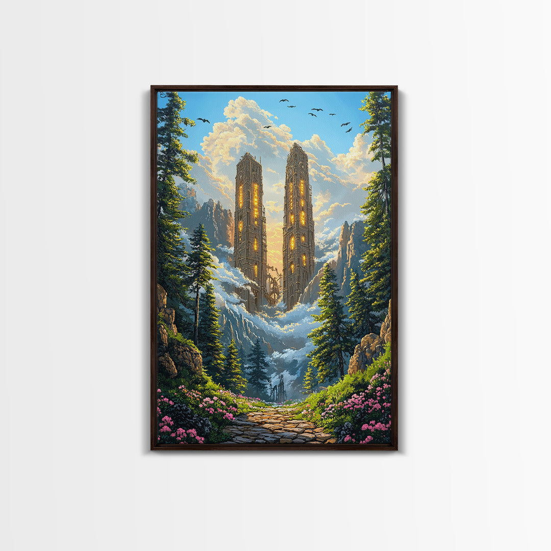 Twin Mountain Towers Canvas Print, Snowy Fantasy Landscape Wall Art, Pine Forest Decor, Large Wall Art, Living Room Decor