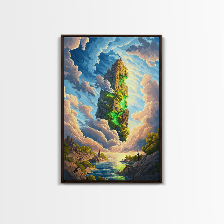 Floating Stone Tower Canvas Print, Magical Sky Island Wall Art, Fantasy Landscape, Coastal Decor, Statement Home Decor, Large Art