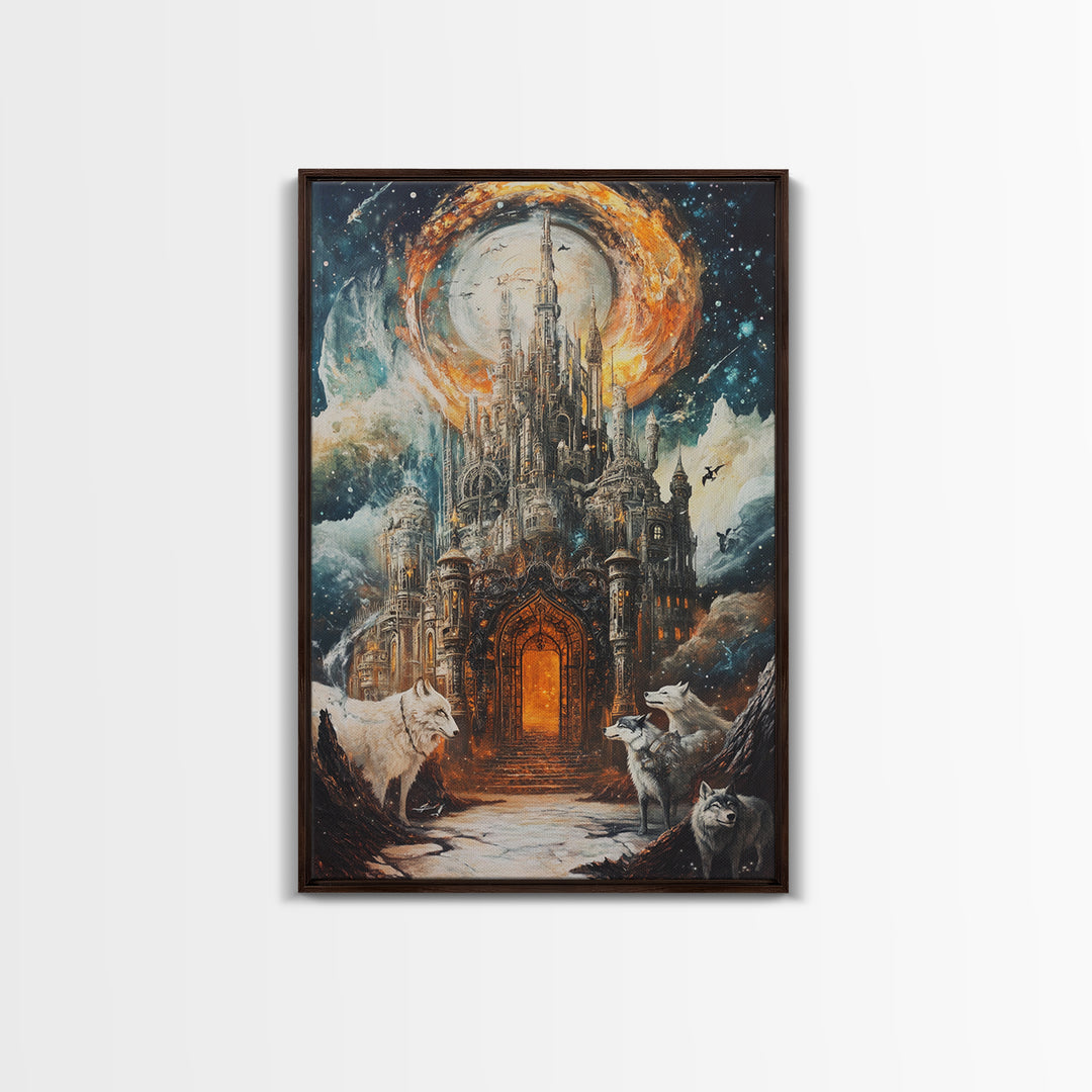 Gothic Moon Castle With Wolves Canvas Print, Fantasy Wall Art, Dark Academia Decor, Mystical Landscape, Gothic Home Decor