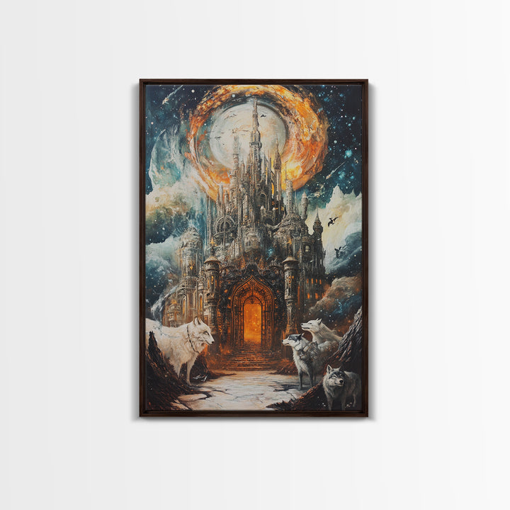 Gothic Moon Castle With Wolves Canvas Print, Fantasy Wall Art, Dark Academia Decor, Mystical Landscape, Gothic Home Decor