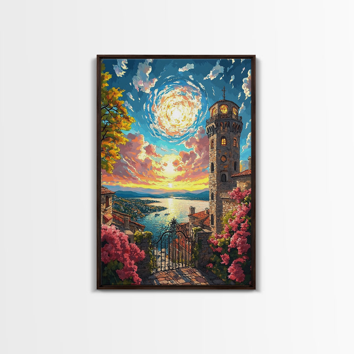 Lake Como Sunset Tower Canvas Print, Italian Coastal Wall Art, Mediterranean Decor, Travel Poster, Elegant Living Room Decor