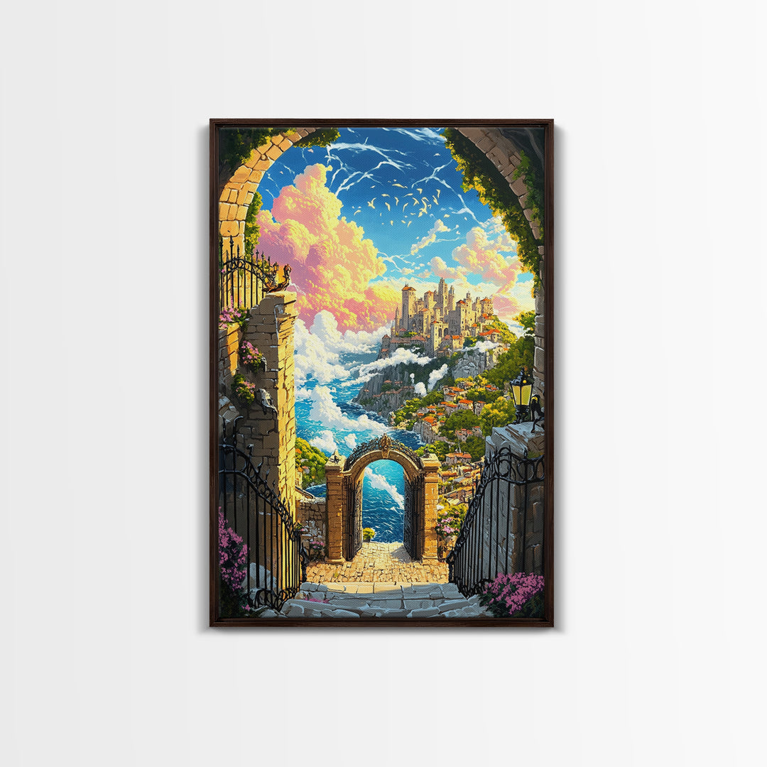 Clifftop Castle Gateway Canvas Print, Fantasy Coastal Wall Art, Whimsical Landscape, Storybook Decor, Large Art Print, Home Decor