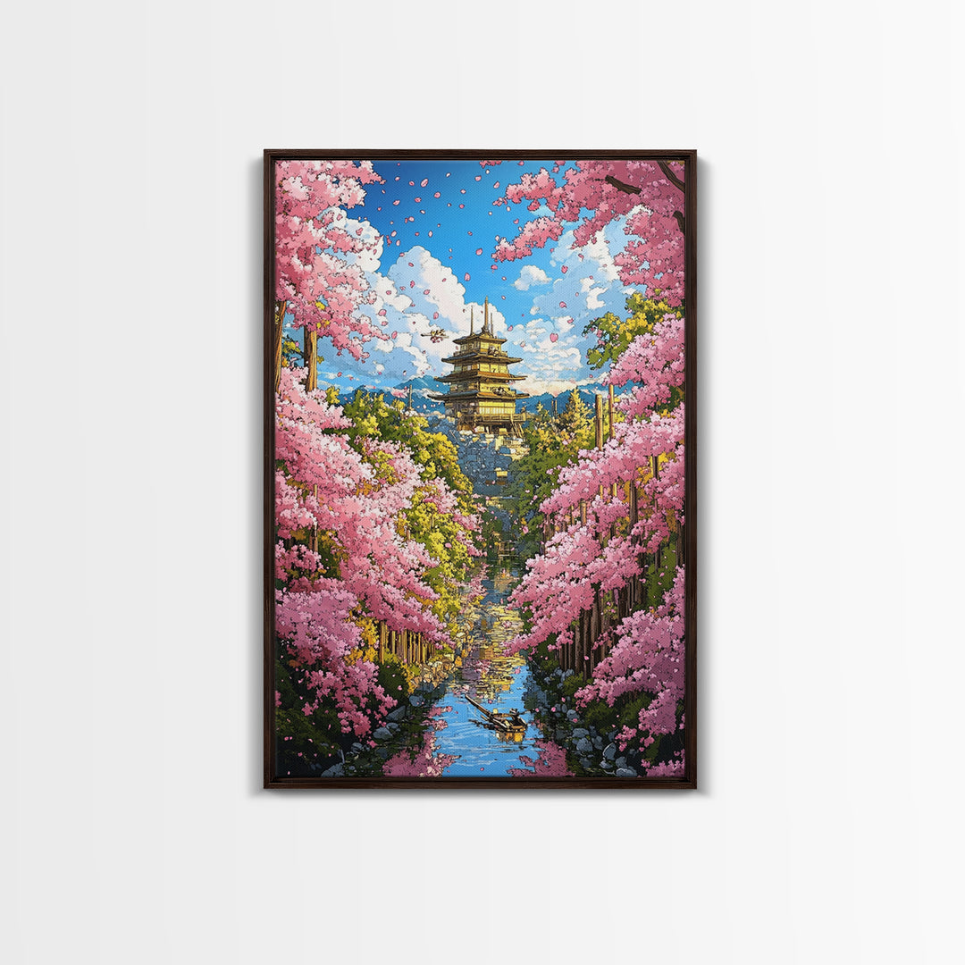 Cherry Blossom Temple Canal Canvas Print, Japanese Wall Art, Spring Landscape, Zen Garden Decor, Colorful Living Room Art