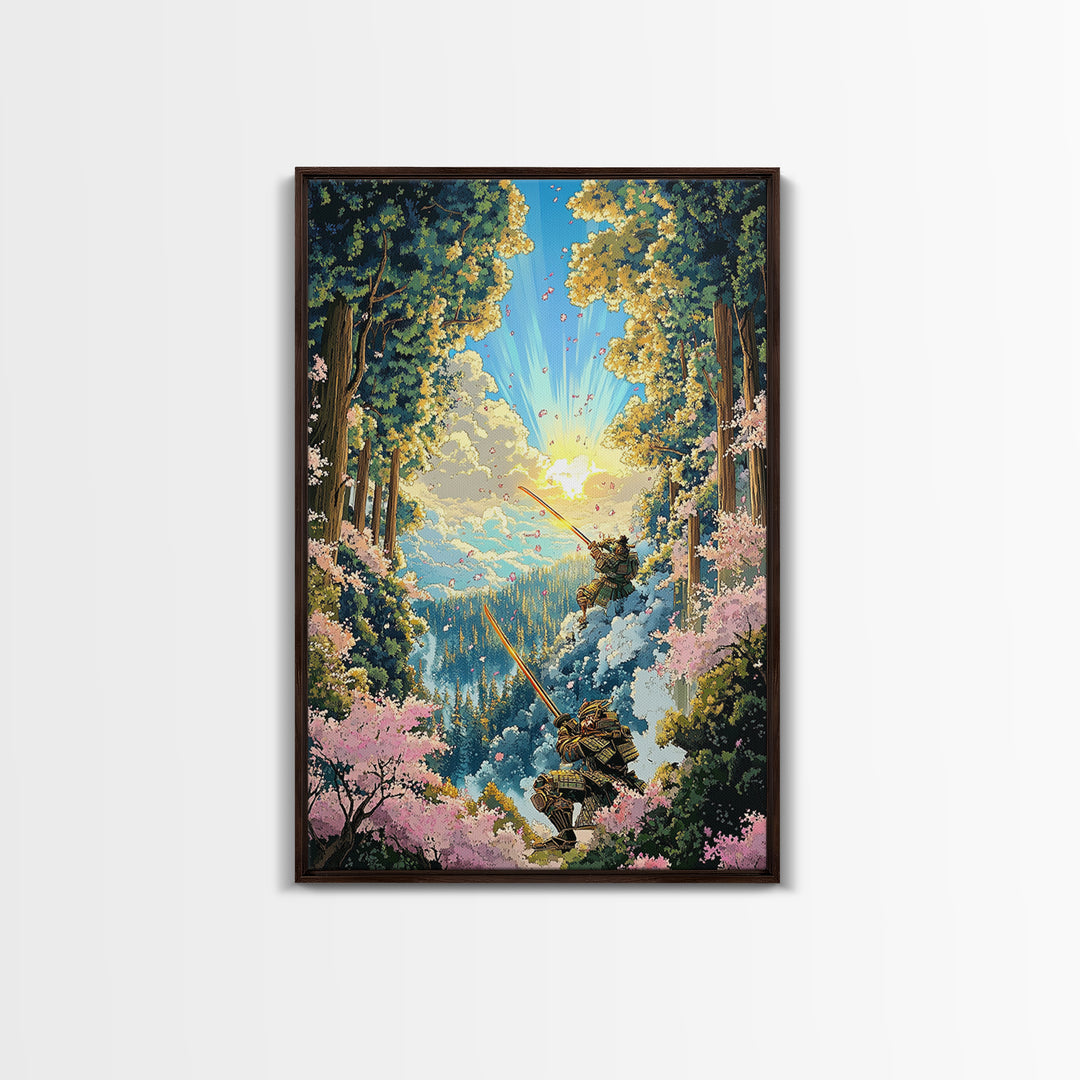 Samurai Forest Duel Canvas Print, Japanese Wall Art, Fantasy Landscape, Cherry Blossom Decor, Warrior Art, Adventure Poster
