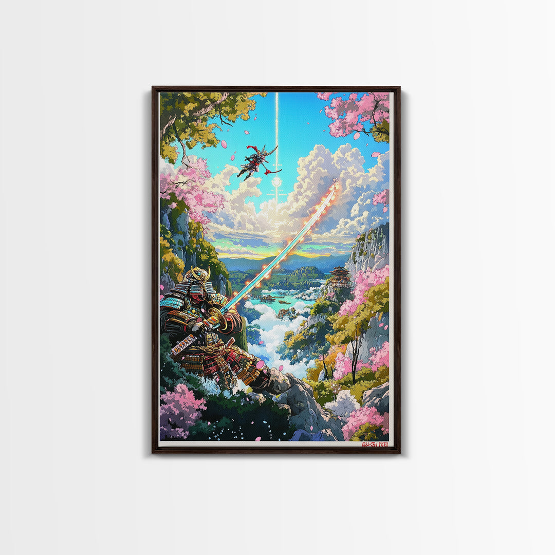 Glowing Sword Samurai Canvas Print, Japanese Wall Art, Fantasy Landscape, Cherry Blossom Decor, Warrior Art, Gaming Room Art