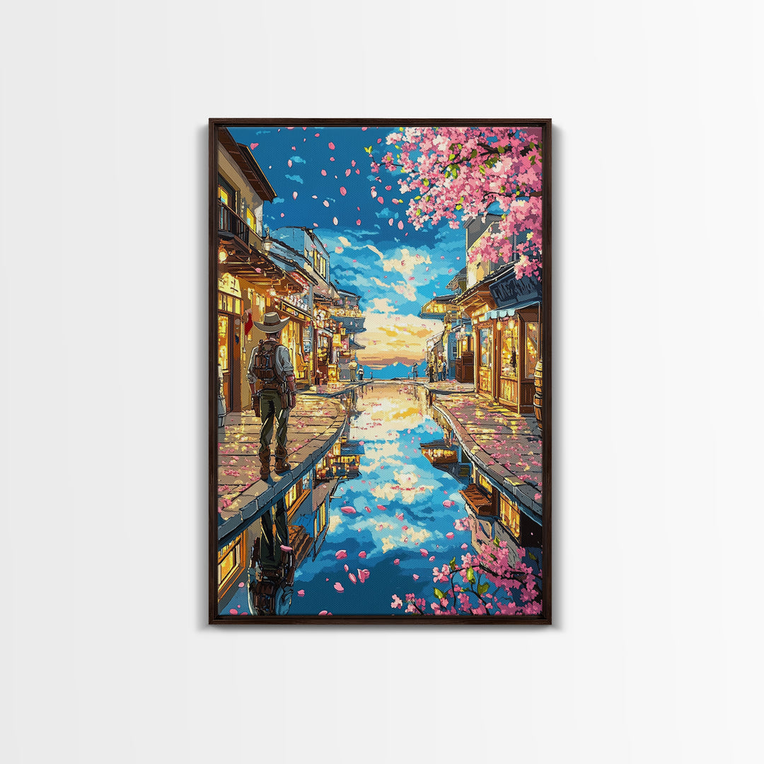 Cherry Blossom Canal Street Canvas Print, Japanese Wall Art, Kyoto Travel Poster, Reflective Water, Cozy Shop Decor, Home Decor