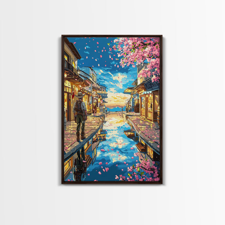 Cherry Blossom Canal Street Canvas Print, Japanese Wall Art, Kyoto Travel Poster, Reflective Water, Cozy Shop Decor, Home Decor