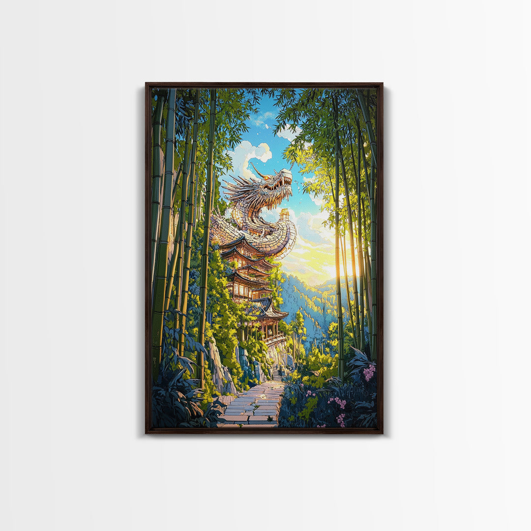 Sunlit Dragon Temple Bamboo Forest Wall Art, Japanese Fantasy Decor, Pagoda Landscape Print, Mystical Asian Home Decor Gift