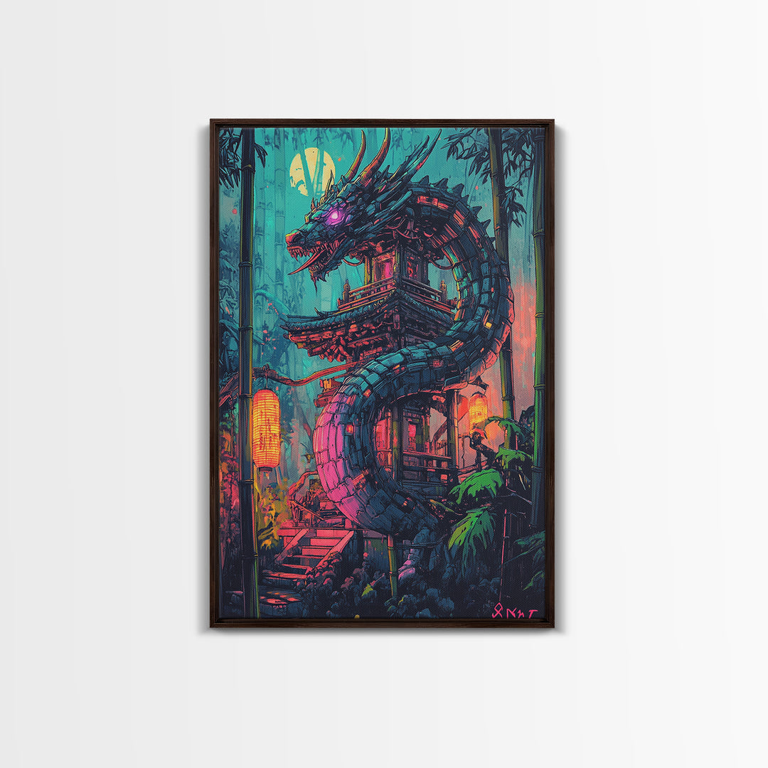 Neon Dragon Pagoda In Moonlit Bamboo Wall Art, Cyberpunk Japanese Fantasy Print, Dark Asian Decor, Gaming Room Poster Gift