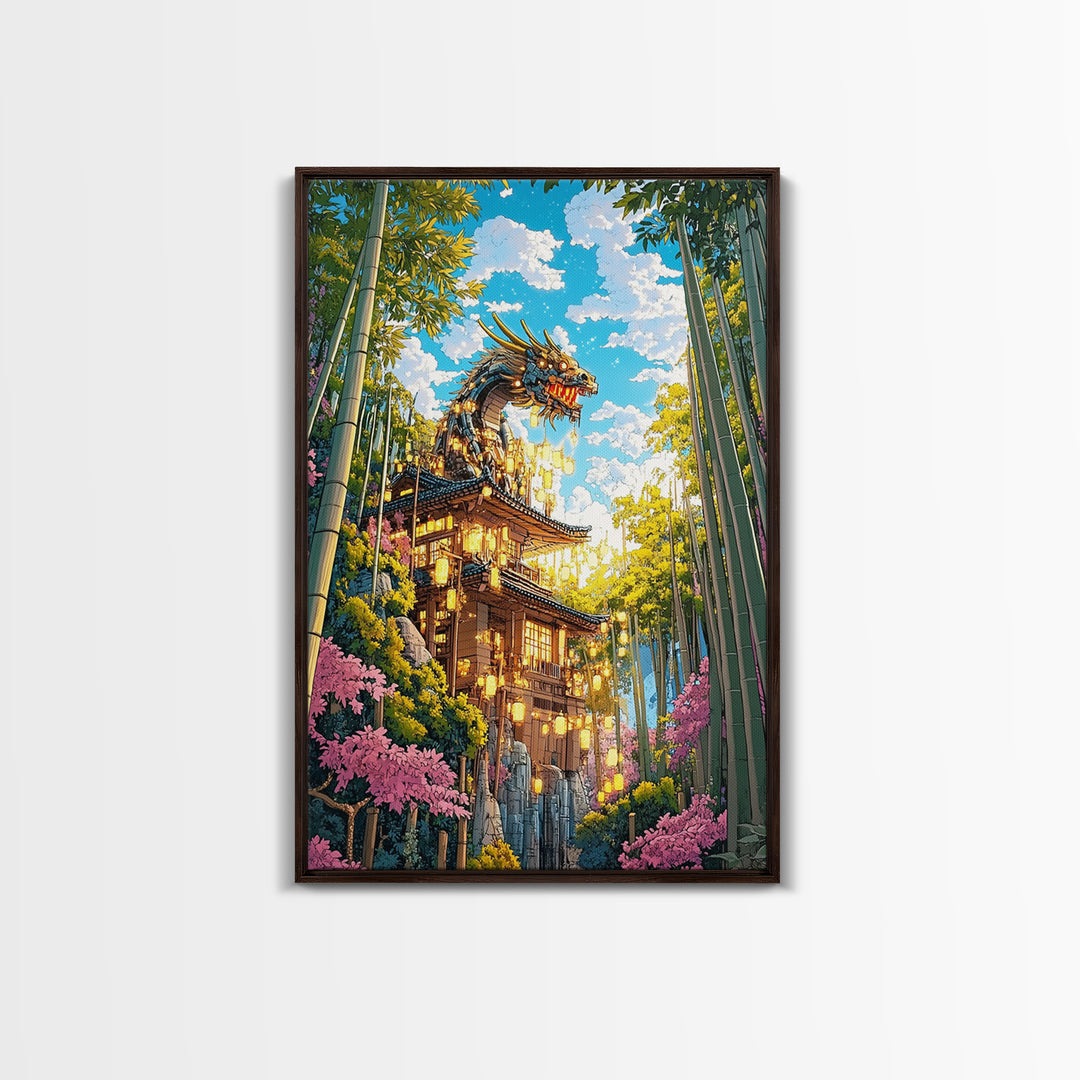 Golden Dragon Pagoda With Cherry Blossoms Canvas Print, Japanese Wall Art, Fantasy Landscape, Asian Home Decor Gift For Her