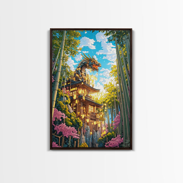 Golden Dragon Pagoda With Cherry Blossoms Canvas Print, Japanese Wall Art, Fantasy Landscape, Asian Home Decor Gift For Her