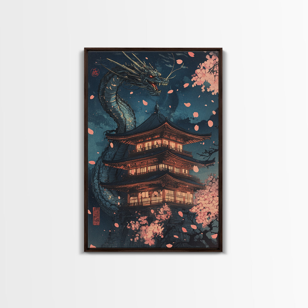 Moonlit Dragon Pagoda With Sakura Petals Framed Canvas Print, Japanese Wall Art, Dark Fantasy Decor, Cherry Blossom Poster