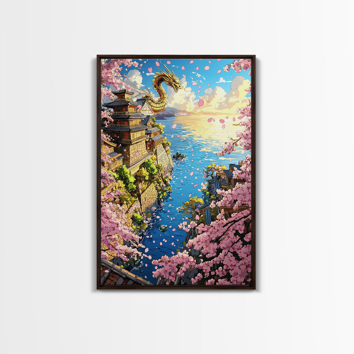 Golden Dragon Over Cherry Blossom Coastal Village Wall Art, Japanese Fantasy Seascape, Ocean Wall Decor Gift, Travel Poster