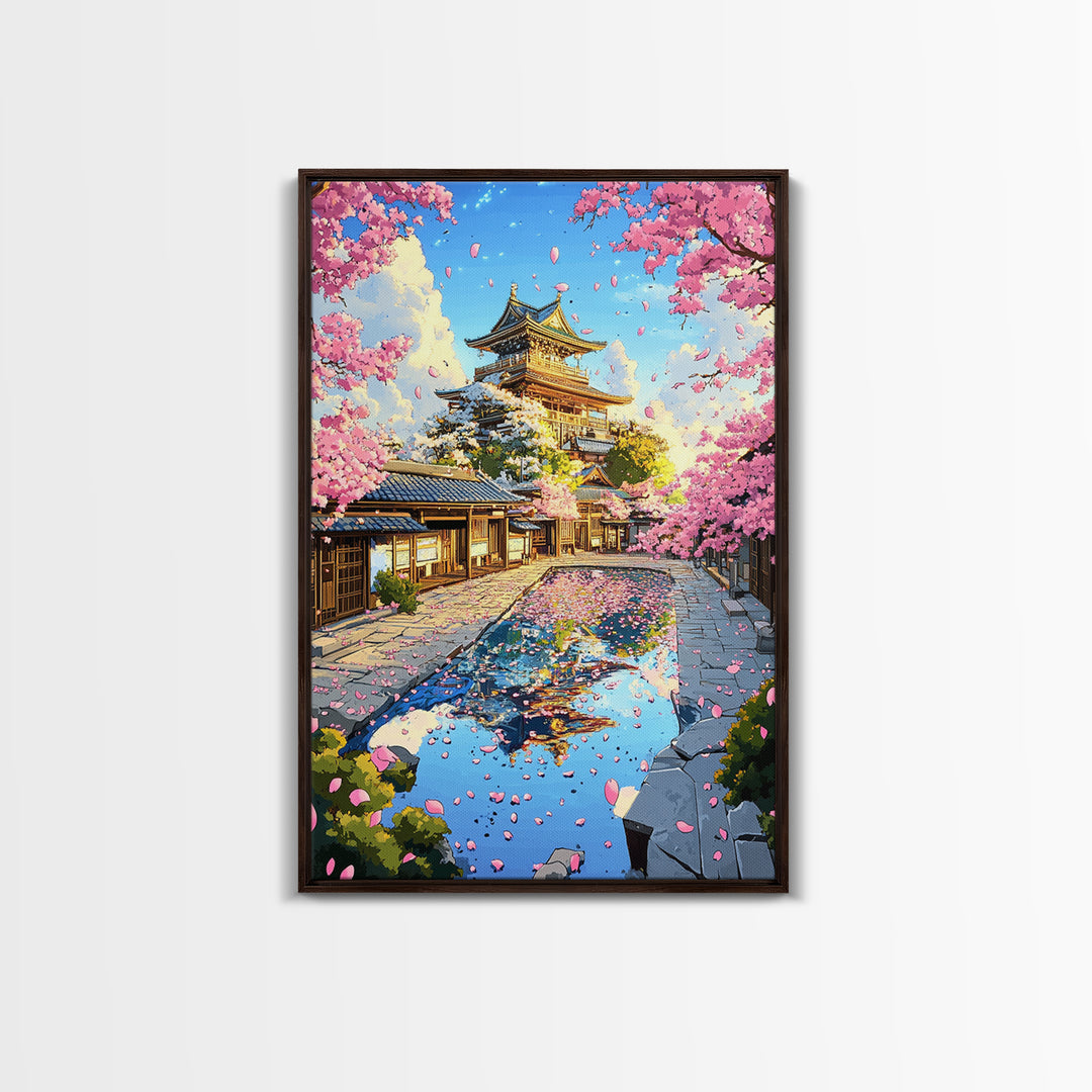 Cherry Blossom Castle Courtyard Reflection Canvas Print, Japanese Wall Art, Spring Landscape Decor, Pink Floral Art Gift