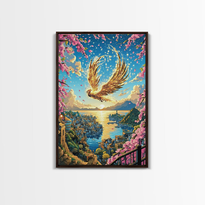 Golden Phoenix Over Harbor At Sunset Wall Art, Cherry Blossom Fantasy Print, Japanese Coastal Decor, Mythical Bird Poster