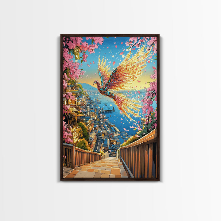 Fiery Phoenix Above Harbor Stairs Canvas Print, Cherry Blossom Japanese Wall Art, Vibrant Coastal Decor, Fantasy Gift For Her