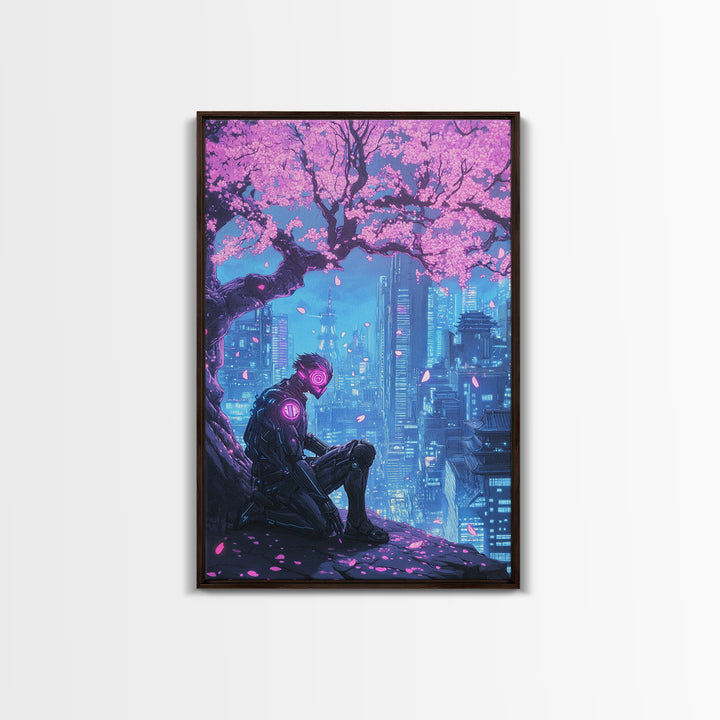 Cyberpunk Samurai Under Sakura Framed Canvas Print, Futuristic City Wall Art, Neon Sci Fi Decor, Gaming Room Wall Decor, Gift For Him