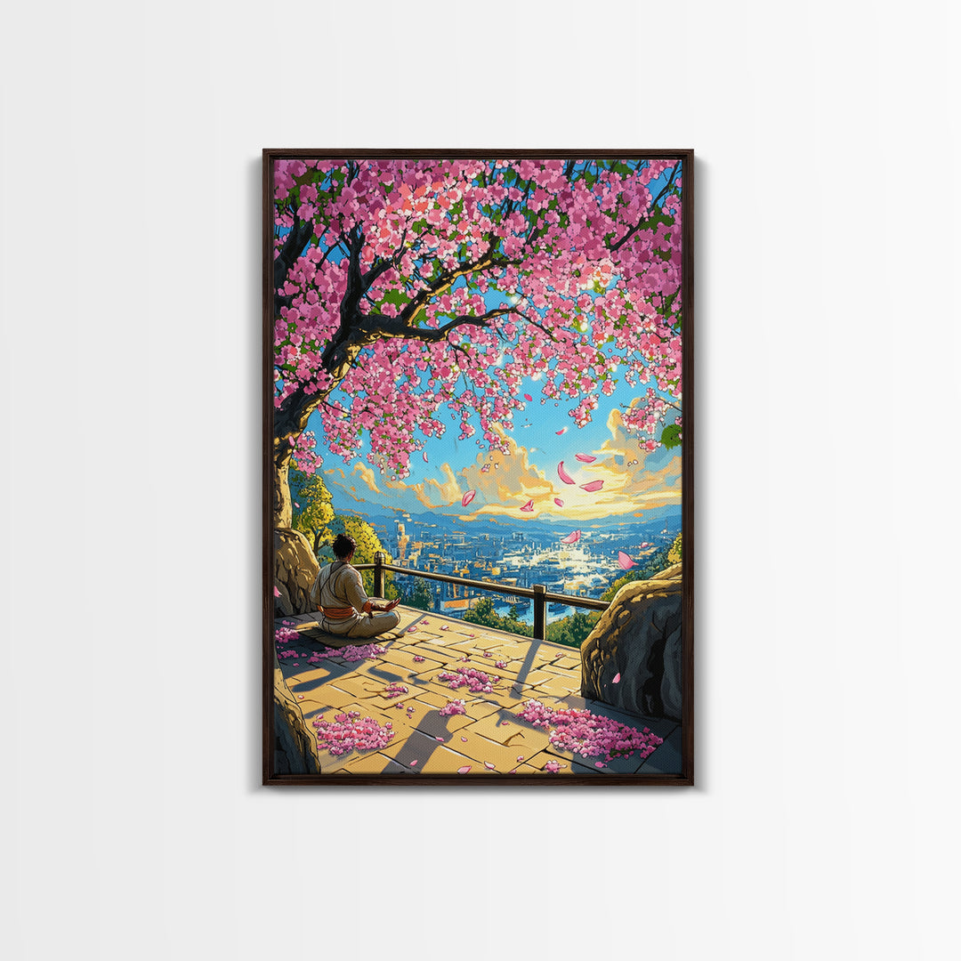 Sakura Terrace Sunset Meditation Wall Art, Japanese City Landscape Print, Cherry Blossom Decor, Zen Bedroom Wall Art, Home Decor Gift